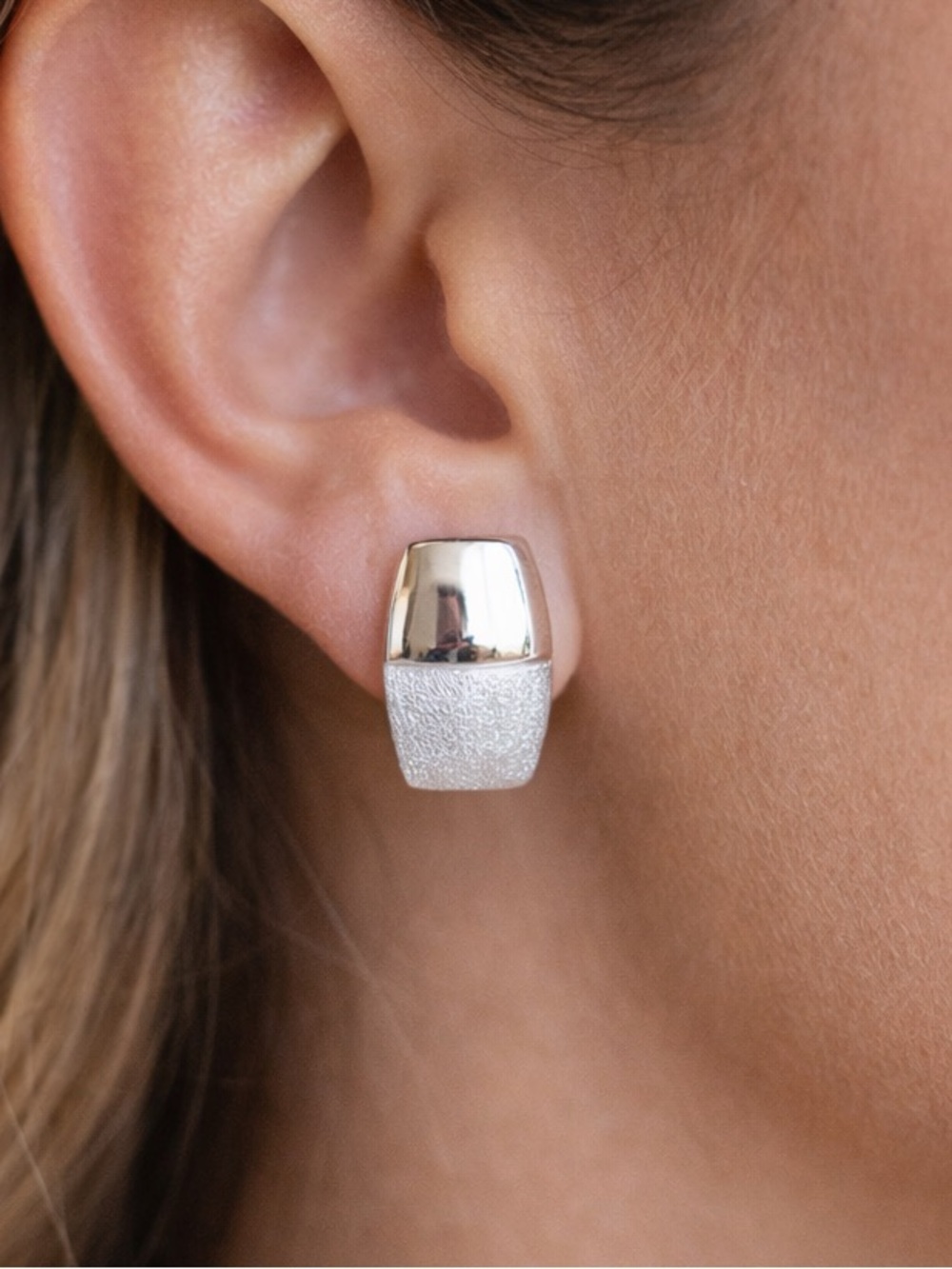 Silver Tone Two-Tone Post Earrings Chunky Rectangle Brushed Polished